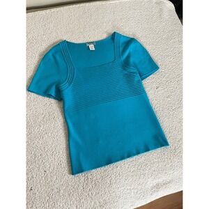 Pop Turquoise Blue Square Neck Ribbed Knit Top Retro Y2K Short Sleeve Medium